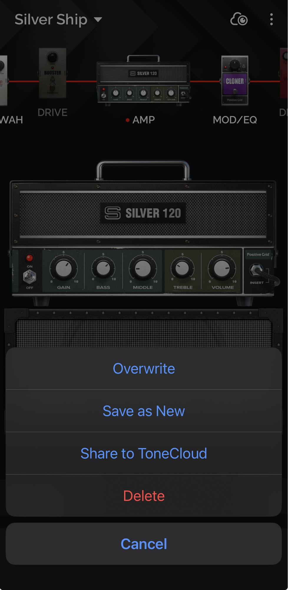 Spark phone app showing the preset action sheet with Overwrite, Save as New, Share to ToneCloud, and Delete options