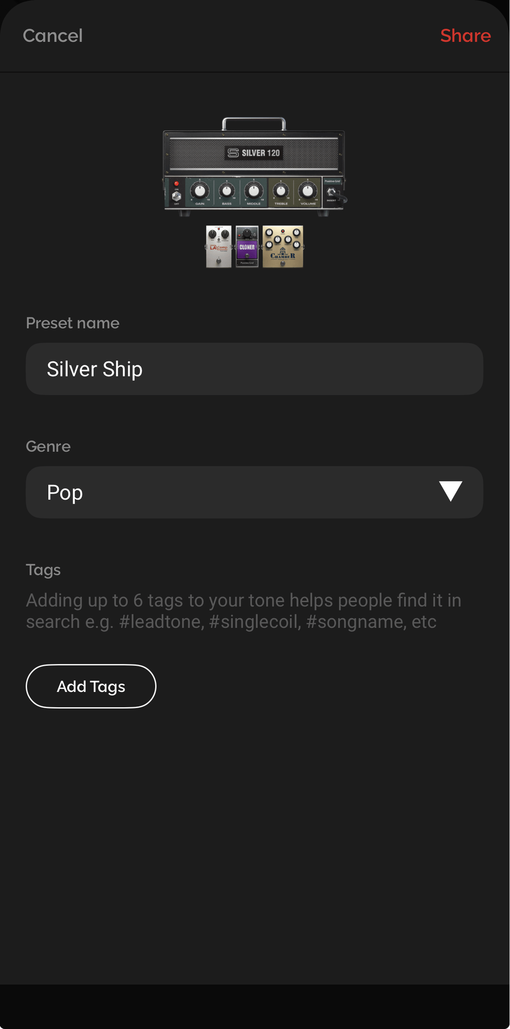 Spark phone app share screen with preset name, genre, and tags, and a Share button at the top right