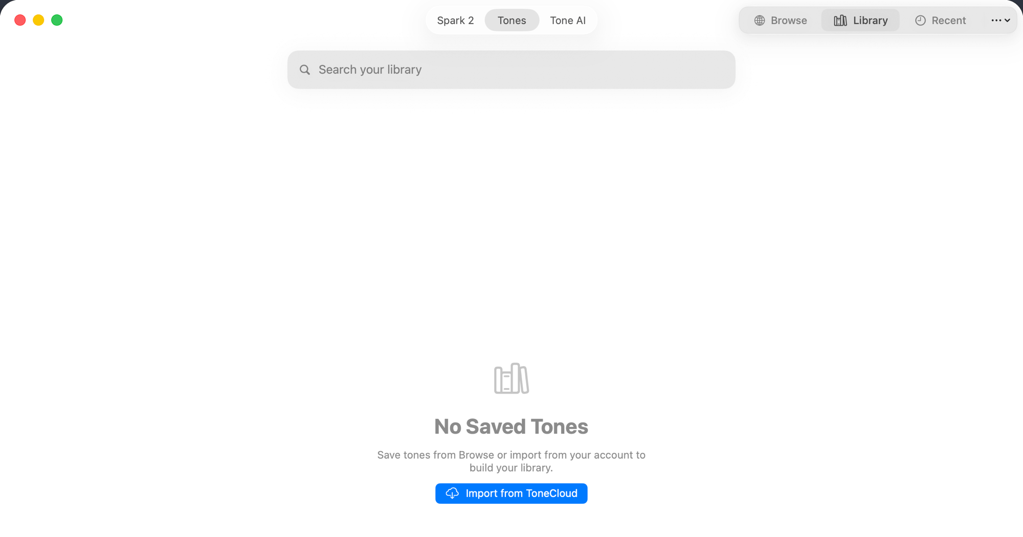 TonePilot Tones → Library empty state showing the Import from ToneCloud button
