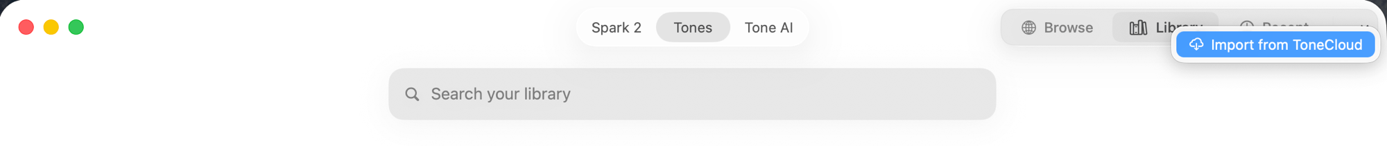 TonePilot Tones → Library top bar with the three-dot menu open and Import from ToneCloud highlighted