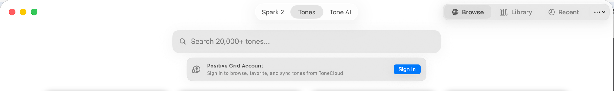 TonePilot top bar with Tones selected and the Browse tab open, showing the Positive Grid Account sign-in card