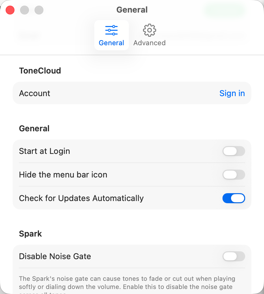 TonePilot Settings window on the General tab, showing the ToneCloud Account row with a Sign in button